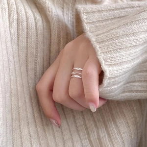 Macro detail of 925 sterling silver multilayer ring with twisted bands on model