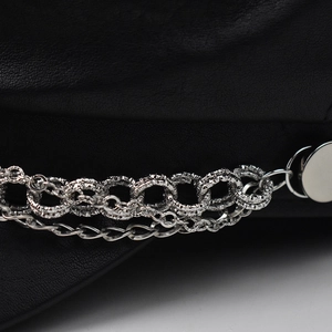 Black PU leather baker boy hat with silver chain detail and polished metal button