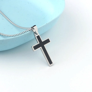 Silver stainless steel cross pendant necklace with black enamel inlay on box chain