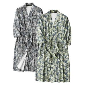Tropical palm leaf print bathrobes in blue and yellow green styles with tie belt closure