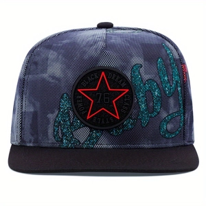 Flat brim snapback hat with 76 star badge and teal glitter embroidery on gray mesh fabric