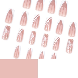 French white V-shape press-on nails with 3D floral patterns and gold foil accents