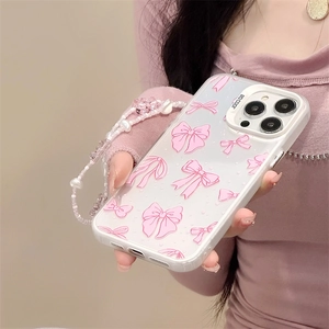 Close-up of clear phone case with pink bow pattern and matching beaded wristlet strap