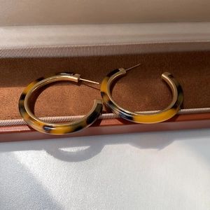 Brown resin C-shaped hoop earrings with gold needles displayed in a luxury jewelry box