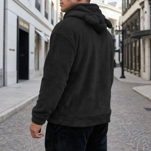 Detailed back view of a black fleece hoodie with 3D bear ears on the hood