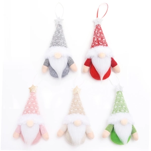 Set of five colorful Christmas gnome plush ornaments in grey red pink beige and green
