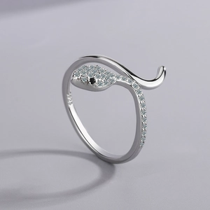 Sparkling S925 sterling silver snake ring with cubic zirconia stones and black gem eyes