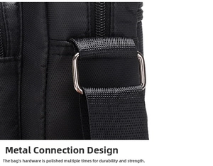 Close-up of durable silver metal hardware and reinforced nylon strap on the crossbody bag