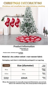 Size chart for red snowflake Christmas tree skirt and stocking with fleece material specs