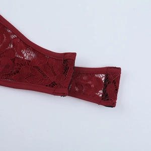 Detailed close-up of burgundy floral lace fabric with intricate embroidery and fine stitching