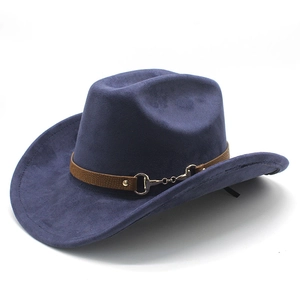 Detail of dark blue faux suede cowboy hat featuring brown leather band and gold horse-bit buckle