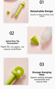 Detail view of detachable silicone cake pen with screw-on nozzle and hanging hole