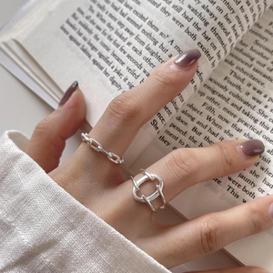 925 Sterling Silver Geometric Chain Adjustable Open Ring Minimalist Trendy Jewelry For Women