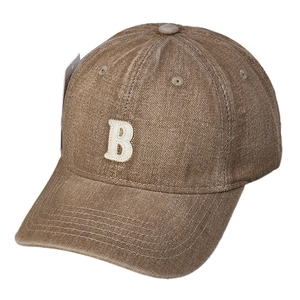 Vintage brown washed denim baseball cap with beige letter B embroidery on white background