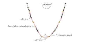 Detail showing natural tourmaline stone beads and fresh water pearl with size info