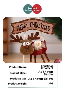 Close-up of reindeer Christmas ornament with Merry Christmas sign and plaid fabric detail