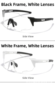 Side view of white and black frame cycling glasses with transparent lenses and vented arms