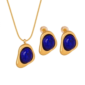 Vintage Irregular Geometric Titanium Steel Jewelry Set For Women Gold Plated Natural Stone Pendant Necklace Earring Set