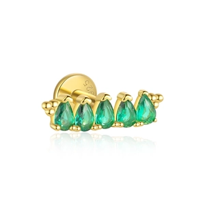 Detailed close-up of 925 sterling silver earring with five green pear-cut gemstones