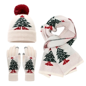 Weihnachts-Winterset für Kinder mit Strickmütze, Schal und Touchscreen-Handschuhen in Beige
