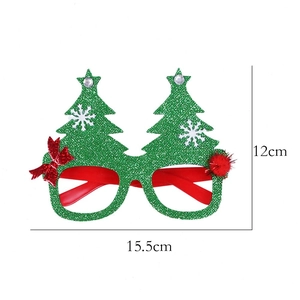 Detailed dimension view of Christmas tree glasses frame with glitter and pom-poms
