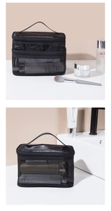 Close-up of portable black mesh cosmetic bag with handle and zipper shown in bathroom setting