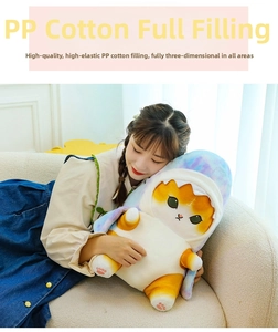 Detail showing plush shark cat doll with premium high-elastic PP cotton stuffing