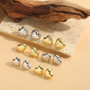 Minimalist Copper Heart Stud Earrings For Women Geometric Line Textured Gold Silver Plated Elegant Daily Ear Jewelry Accessories