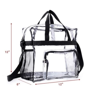 Clear PVC travel tote bag 12x12x6 inches with black nylon handles and front mesh pocket