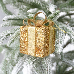 Sparkling gold gift box Christmas tree ornament with glitter sequins and ribbon bow