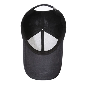 Classic black baseball cap interior view with adjustable metal buckle and breathable holes