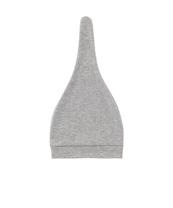 Detail shot of grey newborn top knot hat showing premium ribbed knit texture and soft fabric