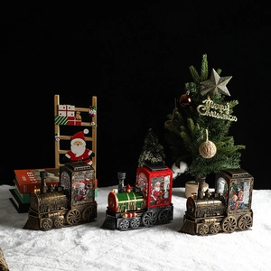 Vintage Christmas musical train water lantern with snow globe effect and Santa scene