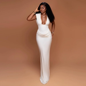 Close-up of waist ruching and draping on this white sleeveless V-neck evening dress