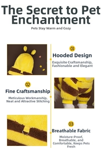 Detail of bee-shaped pet costume showing soft velvet fabric and D-ring harness attachment