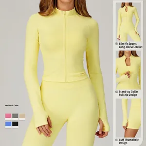Slim fit yellow seamless yoga jacket with high neck zipper and thumbhole sleeves