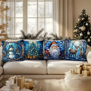 Set of 4 Christmas pillow covers with stained glass snowman and reindeer patterns