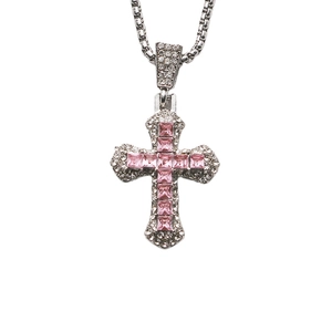 Hip hop silver cross necklace with pink center stone and white zircon micro-pave