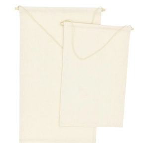 Detailed set of two off-white canvas enamel pin display banners with wooden rods