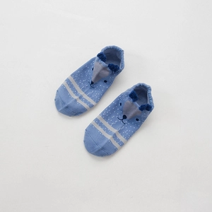 Detail of blue cotton baby sock with 3D animal ears and cute cartoon animal face
