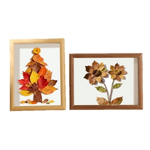 Handmade autumn leaf specimen art in minimalist wood frames for desk decoration