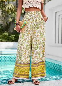 Pantalon large élégant pour femmes avec imprimé floral et taille élastique confortable