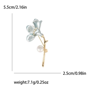 Elegant light blue enamel lily flower brooch with gold stem and pearl detail