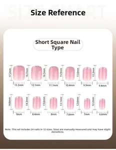 Detailed size chart for short square press-on nails with silver glitter pink gradient