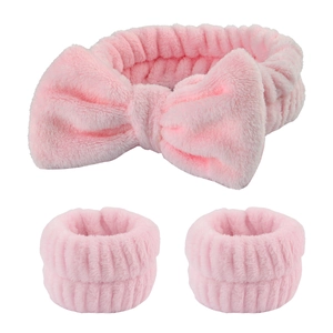 Soft pink coral fleece headband with bow and wristbands set for face washing and makeup