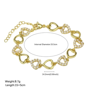 Elegant gold brass bracelet featuring heart-shaped links with sparkling zircon stones