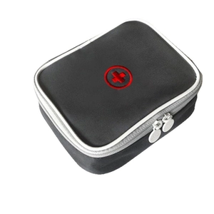 Portable black emergency first aid kit bag with red cross embroidery and gray zipper