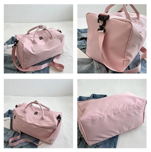 Multi-angle details of pink waterproof yoga bag with adjustable straps and zip closures
