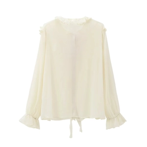 Elegante cremefarbene Chiffonbluse mit Rüschen, Langarm und Schleife vorne für Damen