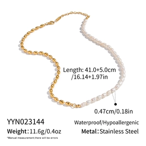 Detail view of pearl and gold chain necklace with length and material specifications